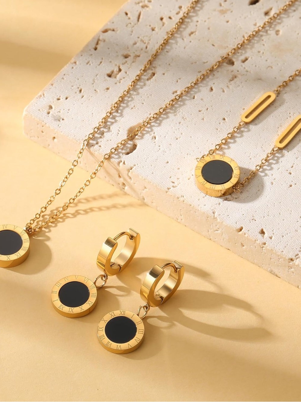 Black Onyx Inspired Gold Jewelry Set Necklace Earrings Bracelet